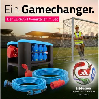 SET-Angebot: 1xELKRAFT® Energie-Verteiler, 1xVerlängerungsleitung ELPUR® 3G2,5, 1xVerlängerungsleitung ELPUR® 5G6,0, 1xOriginal adidas Trionda Fußball